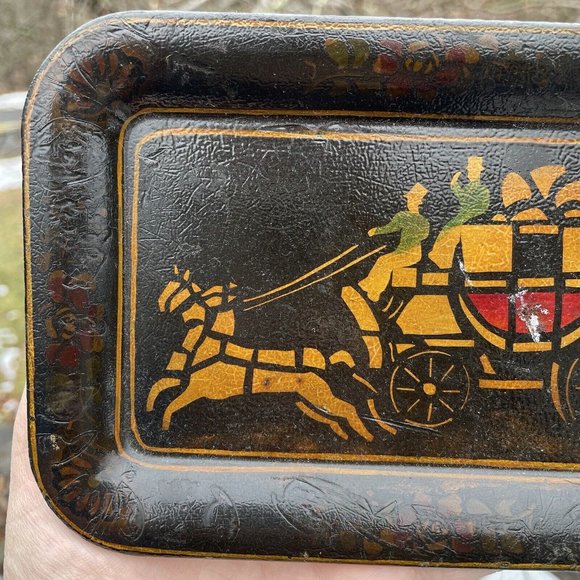 Vintage Hand Painted Toleware Rectangular Diminutive Tray Tip Snack Black Gold - Picture 5 of 16